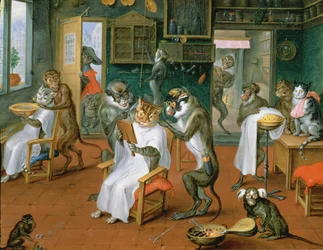 Frisörsalong med apor och katter (olja på koppar)
